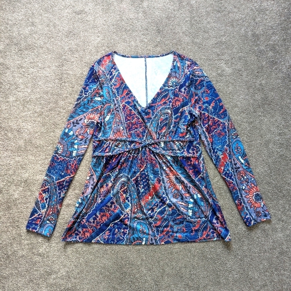 Boutique L Tunic Top Blue Orange Green Floral Peasant Style Pleated Braded Front